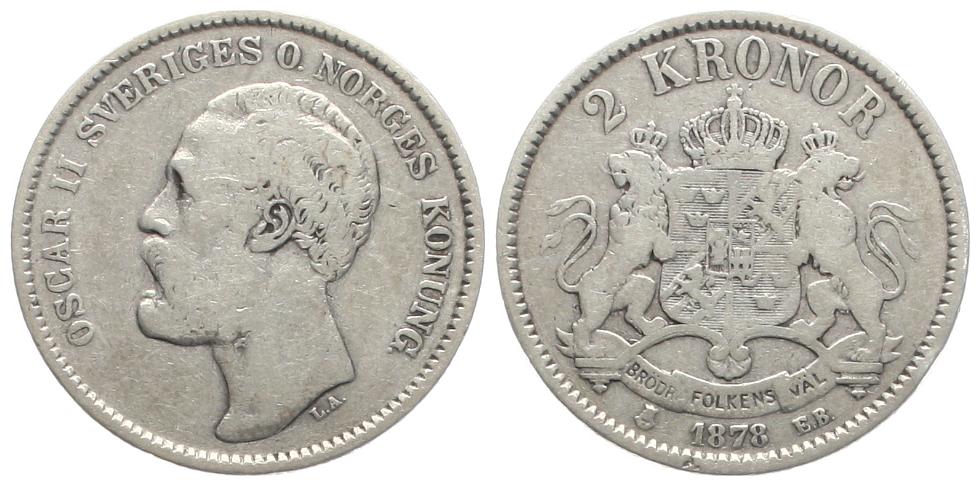  Schweden: Oscar II., 2 Kroner 1878 EB, 15 gr. 800er Silber, Sieg 56A   