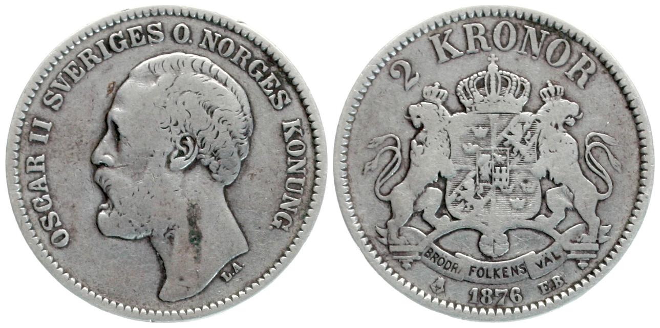  Schweden: Oscar II., 2 Kroner 1876 EB, 15 gr. 800er Silber, Sieg 56A   