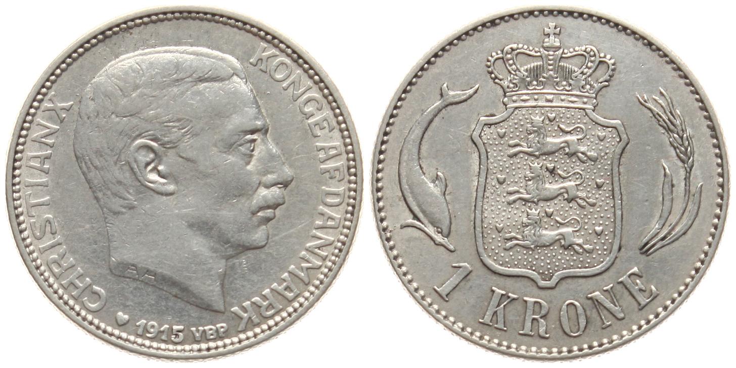  Dänemark: Christian X., 1 Krone 1915, silberne Kursmünzen in hübscher Erhaltung!   