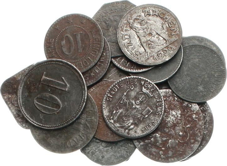  Deutschland: Lot von 20 Notmünzen aus dem WK I, div. Städtenotgeld, alle etwas korrodiert!   