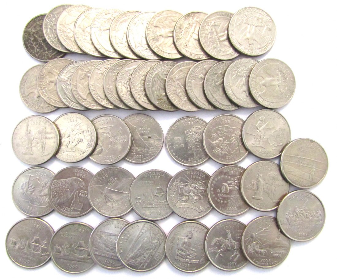  USA: Lot von 48 Quartedollars, 23 Gedenk- und 25 Kursmünzen, siehe Bild!   