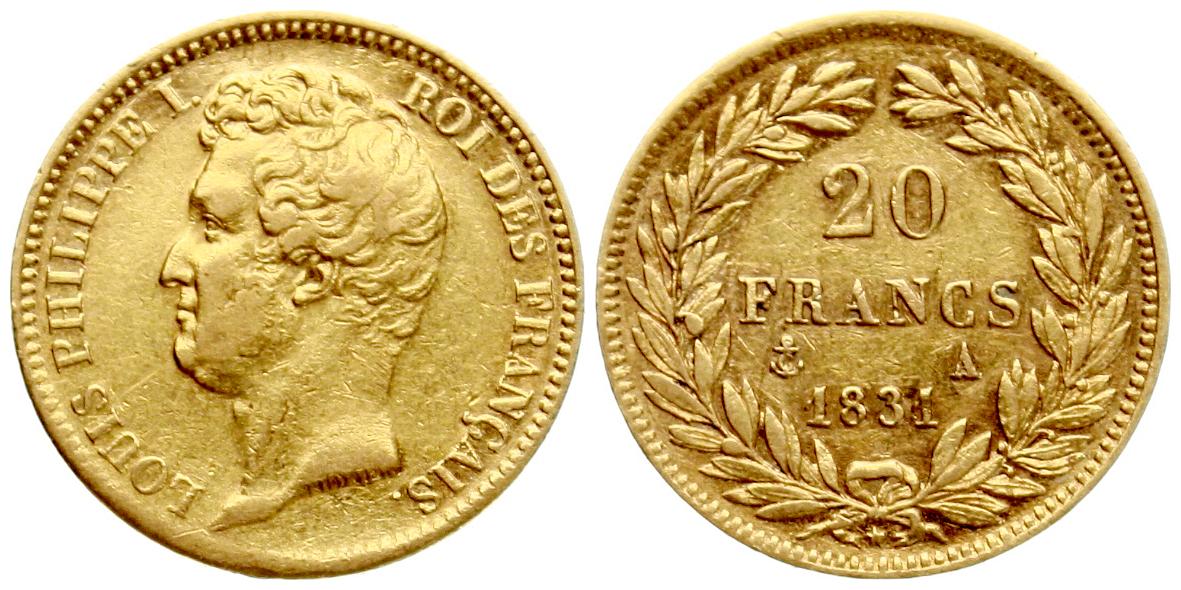  Frankreich: Luis Philippe, 20 Franc 1831 A, GOLD, 6,45 gr. 900er, feine Erhaltung!!   