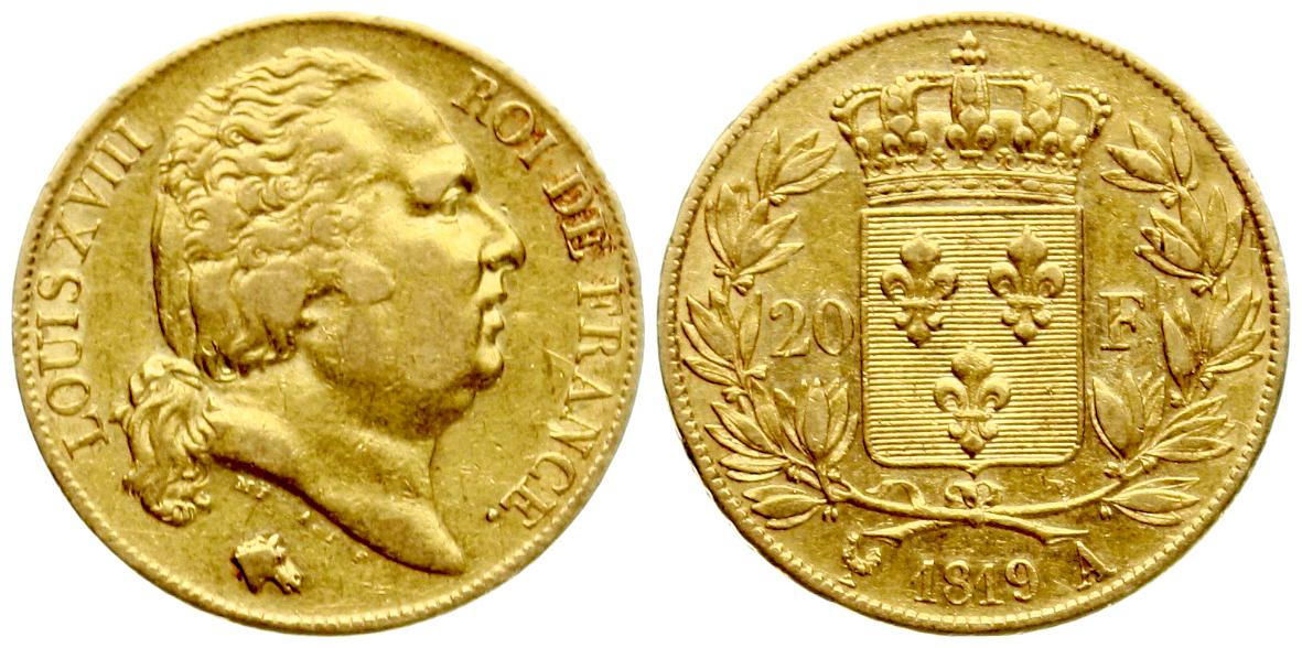  Frankreich: Louis XVIII., 20 Franc 1819 A, GOLD, 6,45 gr. 900er, selten!   