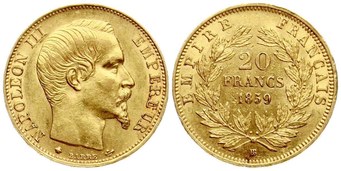  Frankreich: Napoleon III., 20 Franc 1859 BB, GOLD, 6,45 gr. 900er, TOP-ERHALTUNG!!   