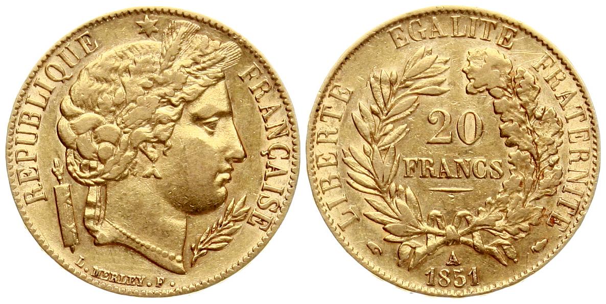  Frankreich, 2. Republik: 20 Franc 1851 A, GOLD, 6,45 gr. 900er, siehe Bilder!   