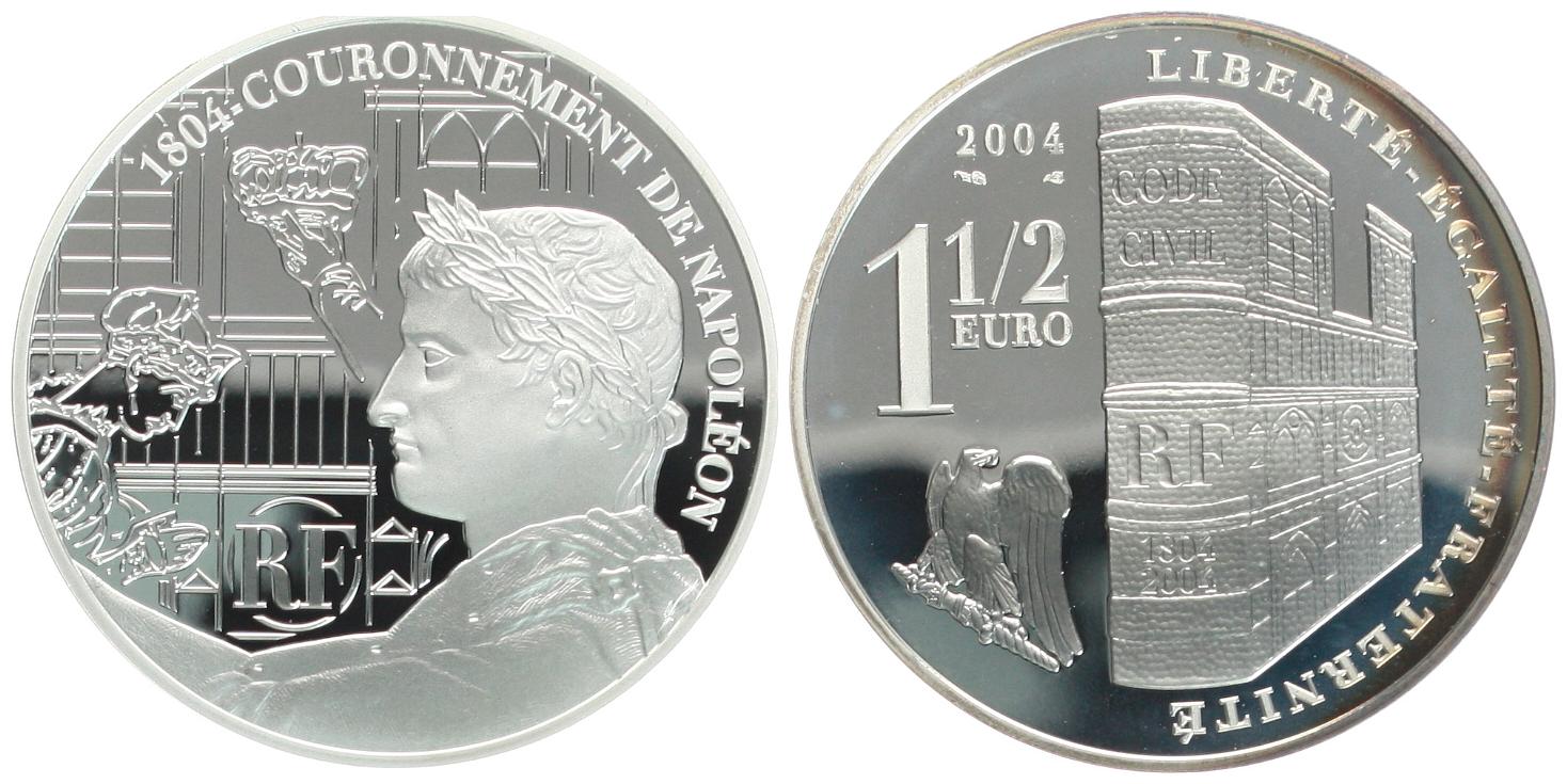  Frankreich: 1,5 € 2004 zum 200 Jahrestag der Kaiserkrönung Napoleons, pp, 22,2 gr. 900er SELTEN   