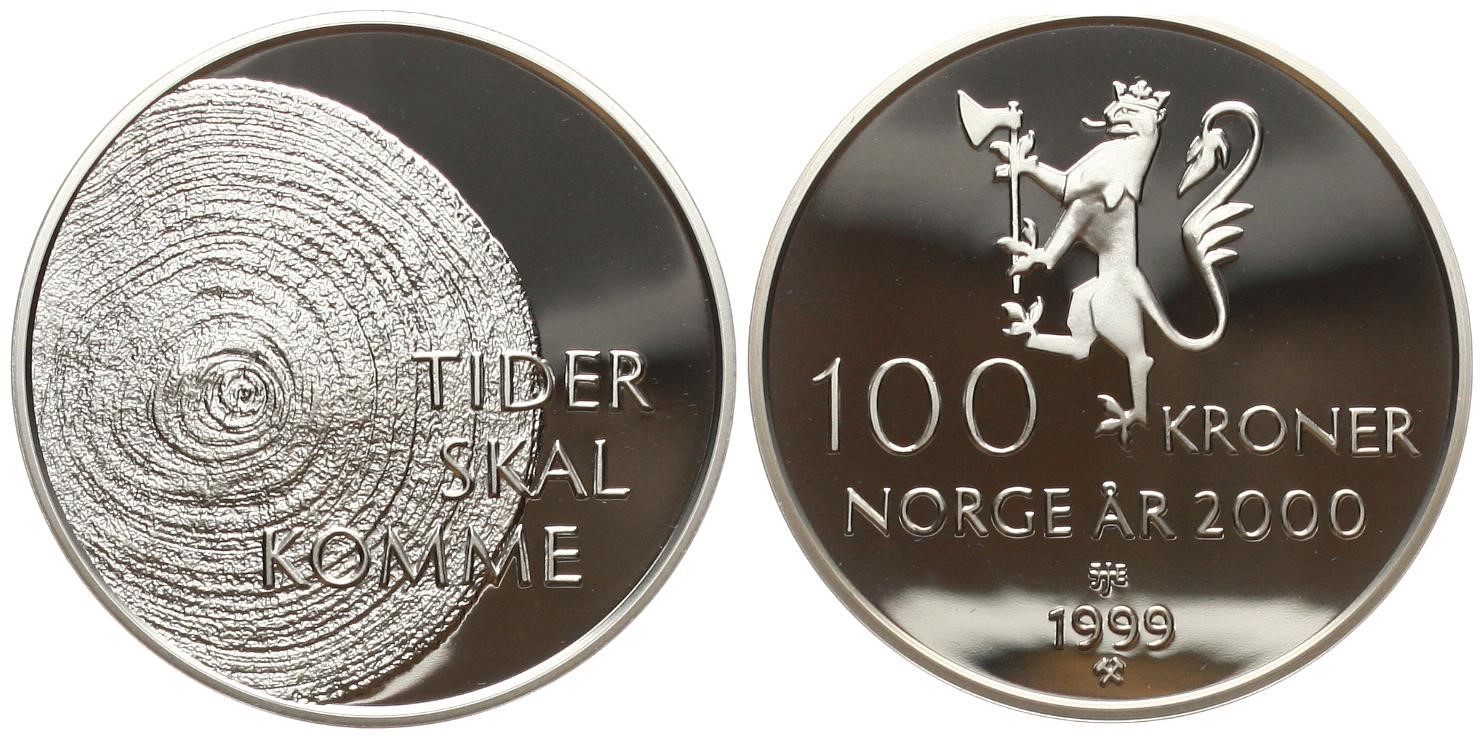  Norwegen: Harald V., 100 Kroner 1999 a.d. Millennium, pp, mit Etui & Zertifikat! 1 Unze Feinsilber!   