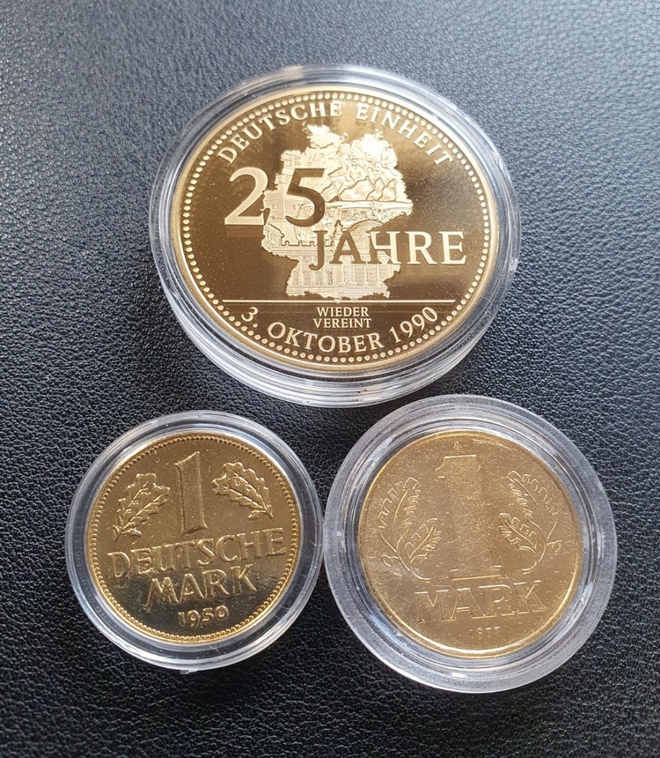  24-Karat-Feingold veredelte Münzen und Medaille 1 Mark 25 Jahre Deutsche Einheit   