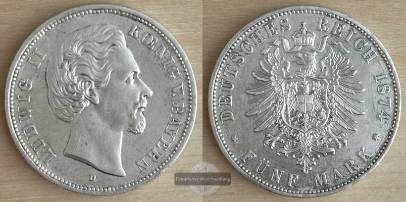  Deutsches Kaiserreich. Bayern, Ludwig II.  5 Mark  1874 D   FM-Frankfurt Feinsilber: 25g   
