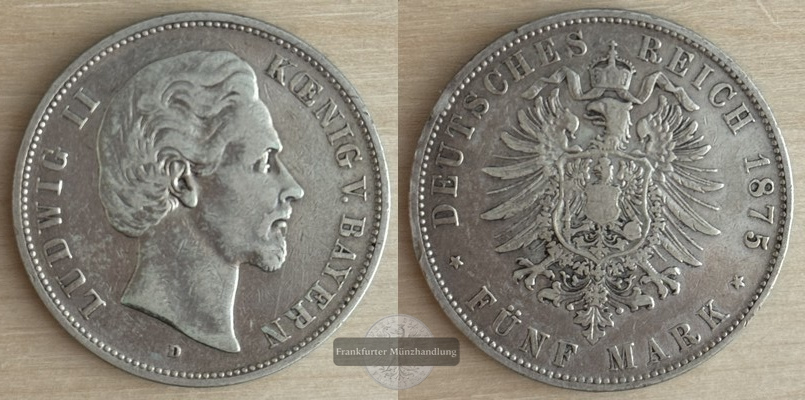  Deutsches Kaiserreich. Bayern, Ludwig II.  5 Mark  1875 D   FM-Frankfurt Feinsilber: 25g   