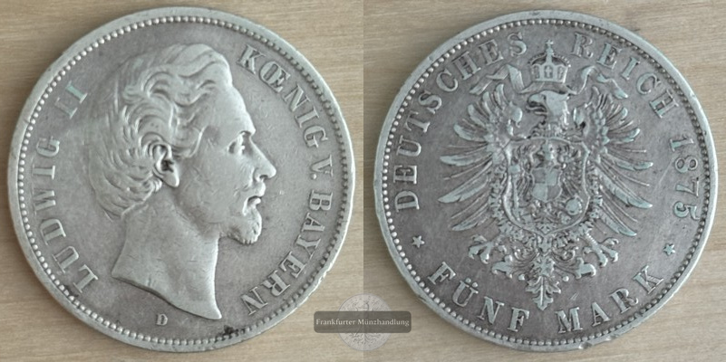  Deutsches Kaiserreich. Bayern, Ludwig II.  5 Mark  1875 D   FM-Frankfurt Feinsilber: 25g   