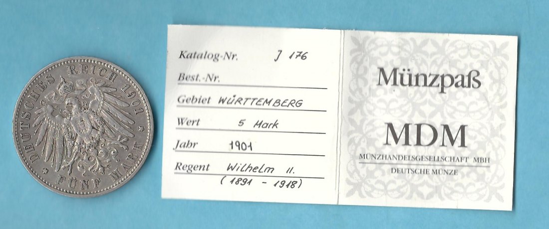  Kaiserreich 5 Mark Wuerttemberg 1901 Golden Gate Goldankauf Koblenz Frank Maurer AD346   