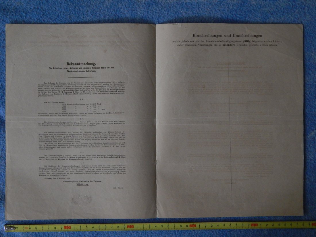  Großherzogtum Baden : Eisenbahn - Anlehen , Karlsruhe 4.Febr., 1875 über 2000 Mark . RARITÄT   