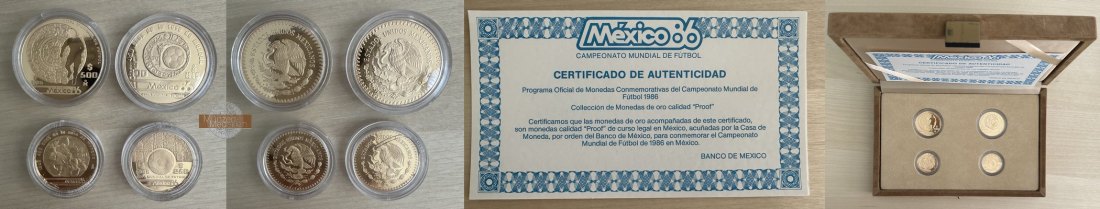 Mexiko. Set mit 4 Münzen FIFA-WM 1986 MM-Frankfurt Feingold: zus. 46,65g 2 x 500 Peso und 2 x 250 Peso 1986 