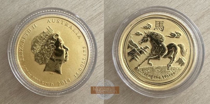 Australien  5 Dollar MM-Frankfurt Feingold: 1,55g Jahr des Pferdes Lunar II 2014 
