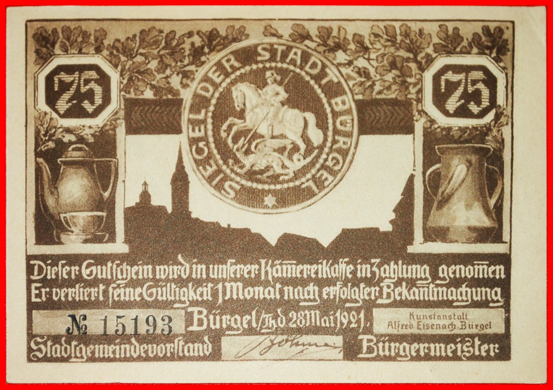  * THÜRINGEN:DEUTSCHLAND BÜRGEL★75 PFENNIG 1921 DRACHEN VERÖFFENTLICHT WERDEN! KNACKIG★OHNE VORBEHALT   