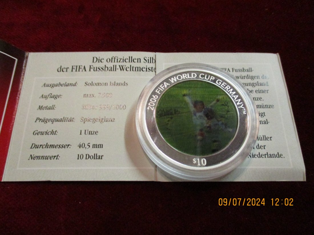  10 Dollars Fussball WM Deutschland 2006 999er Silber Gewicht 31,1 Gramm mit Etui /2   