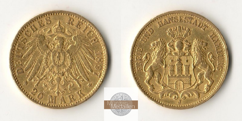 Kaiserreich  20 Mark MM-Frankfurt Feingold: 7,17g Hamburg 1897 J 