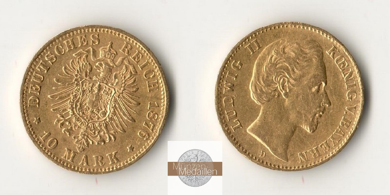 Bayern, Kaiserreich  10 Mark MM-Frankfurt Feingold: 3,58g Ludwig II. 1864-1886 1876 D 