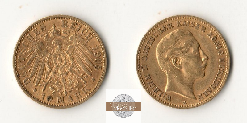 Deutsches Kaiserreich, Preussen. MM-Frankfurt Feingewicht: 3,58g Gold Wilhelm II. 1888-1918. 10 Mark 1905 A 