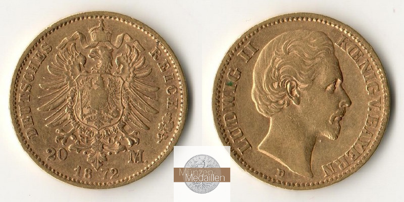 Bayern, Kaiserreich 20 Mark MM-Frankfurt Feingold: 7,17g Ludwig II. 1864-1886 1872 D 