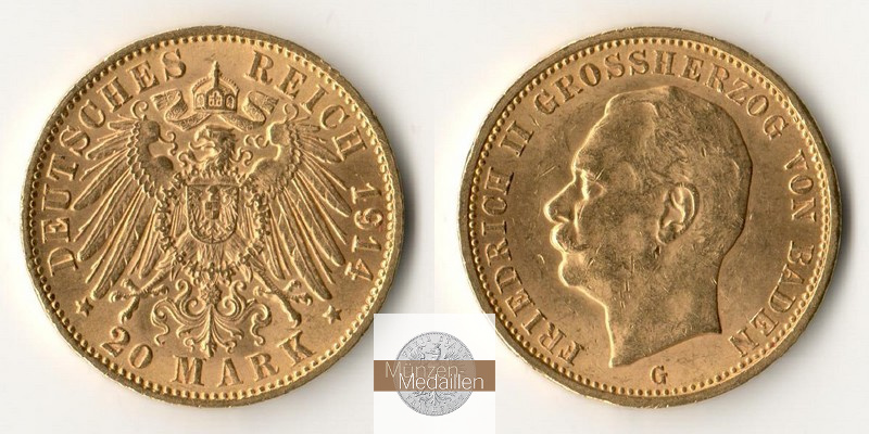 Baden, Königreich 20 Mark MM-Frankfurt Feingold: 7,17g Friedrich II. 1907-1918 1914 G 