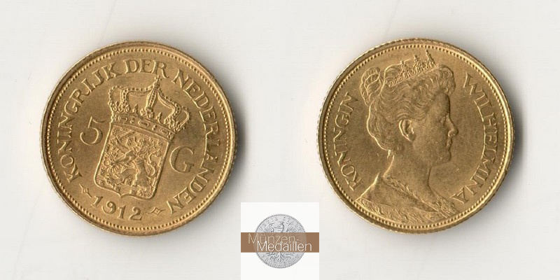 Niederlande MM-Frankfurt Feingewicht: 3,03g Gold 5 Gulden 1912 sehr schön