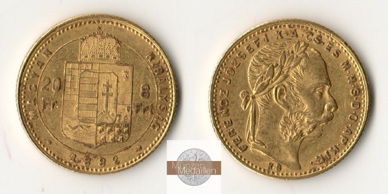 Ungarn, Königreich 1867-1918 MM-Frankfurt Feingewicht 5,81g 8 Forint 1882 KB 