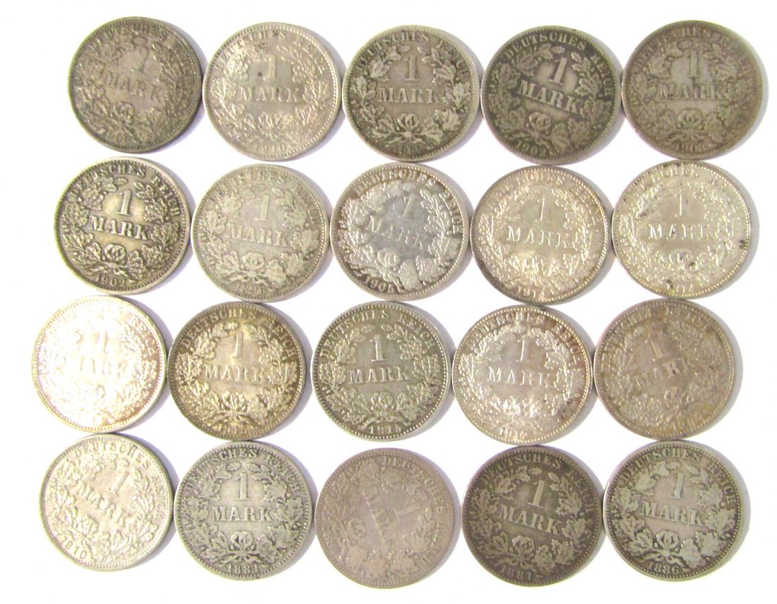  Kaiserreich: Wertvolles Lot von 20 x 1 Mark in Silber, siehe Bilder!   