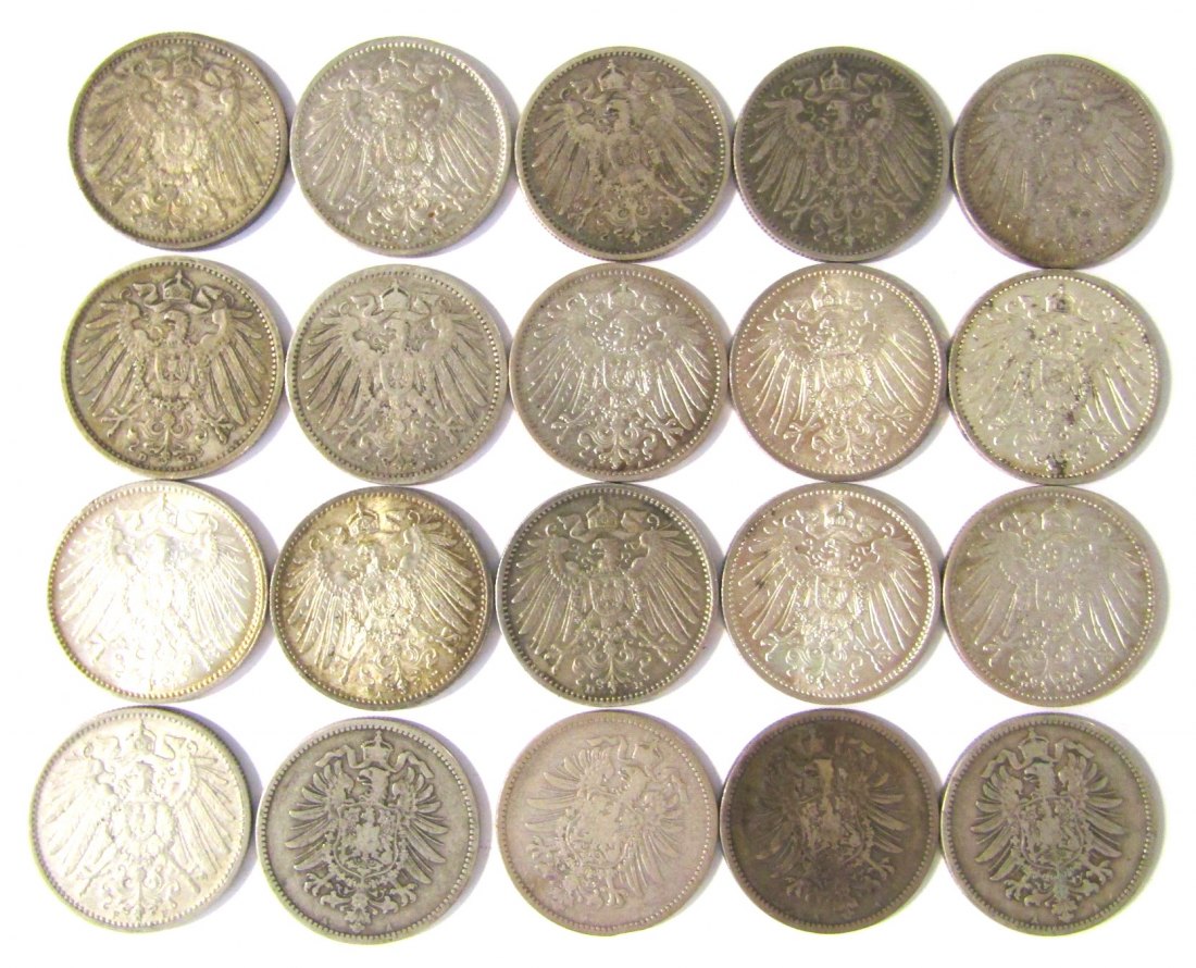  Kaiserreich: Wertvolles Lot von 20 x 1 Mark in Silber, siehe Bilder!   