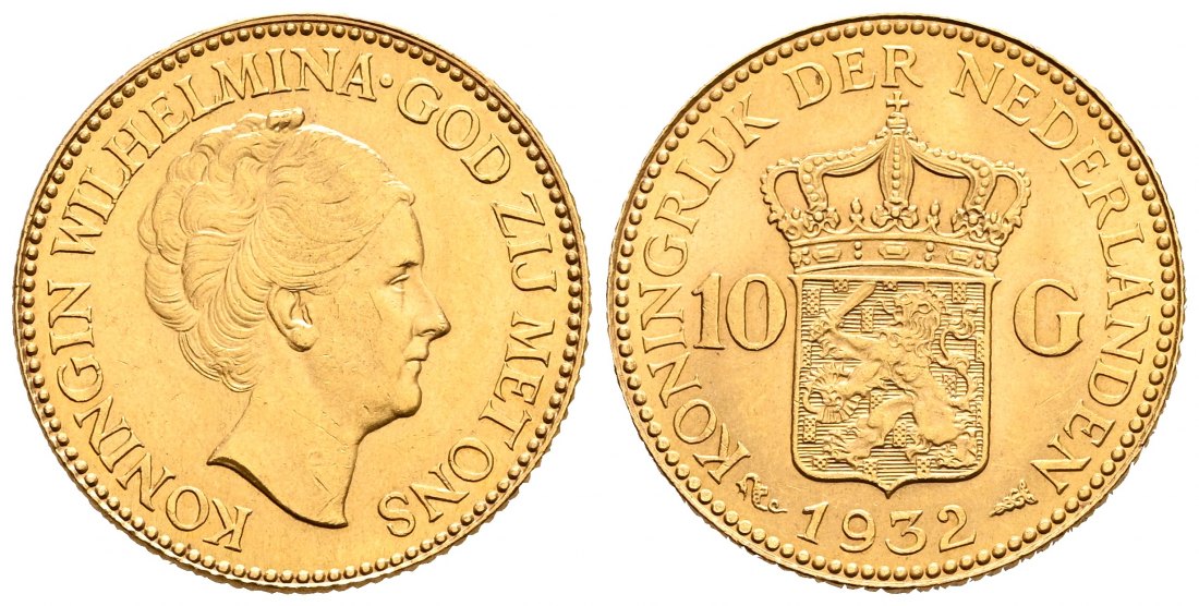 PEUS 1946 Niederlande 6,06 g Feingold. Wilhelmina (1890 - 1948) 10 Gulden GOLD 1932 Kl. Kratzer, Vorzüglich +