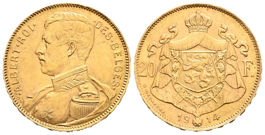 PEUS 1947 Belgien 5,81 g Feingold. Albert (1909 - 1934) 20 Francs GOLD 1914 Sehr schön