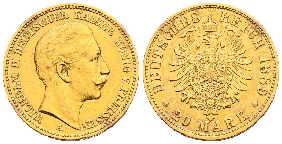 PEUS 1949 Preußen - Kaiserreich 7,16 g Feingold. Wilhelm II. (1888 - 1918) 20 Mark GOLD 1889 A Broschierspuren, Sehr schön