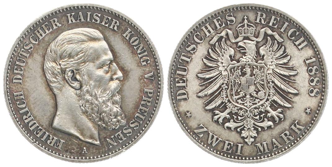  Kaiserreich, Preussen: Friedrich III., 2 Mark 1888, Wunderbare alte Patina, TOP-Exemplar!   