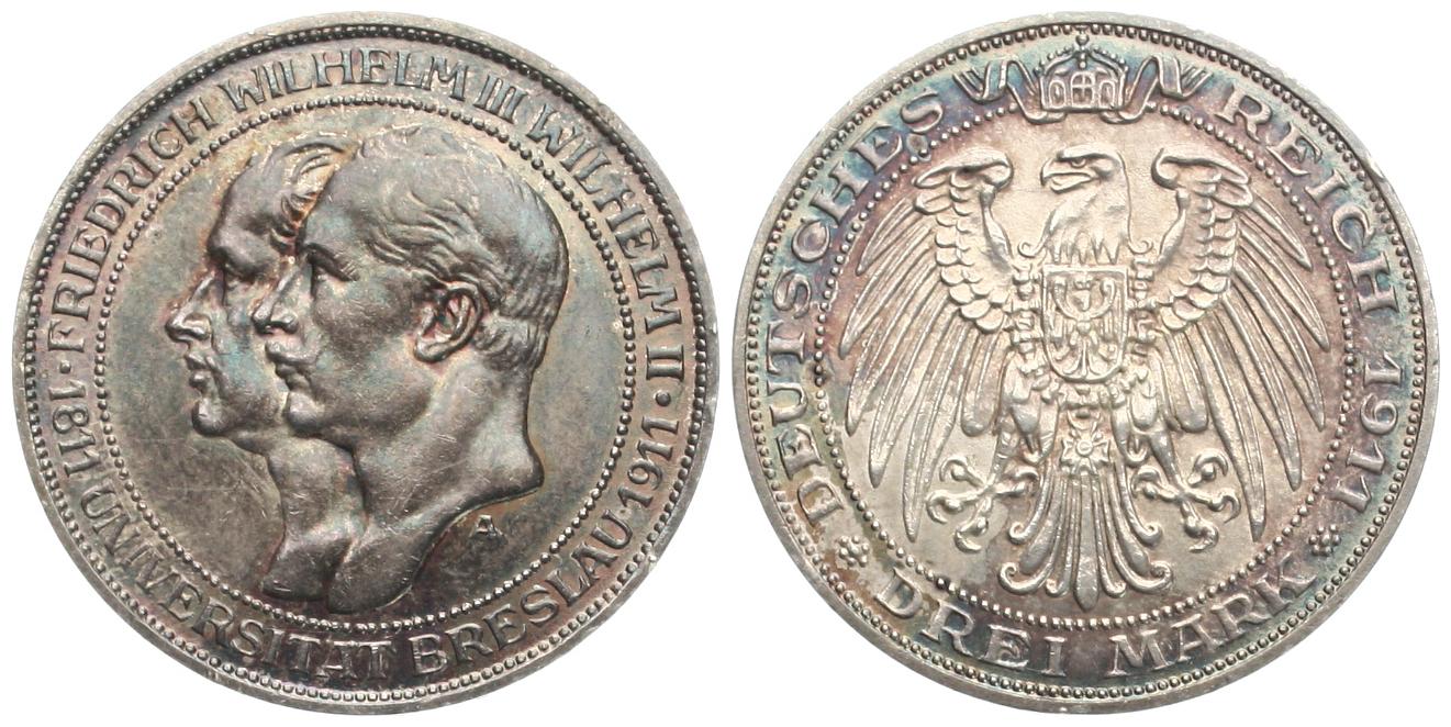  Preussen: Wilhelm II., 3 Mark 1911, Uni Breslau, wunderbare Regenbogenpatina!   