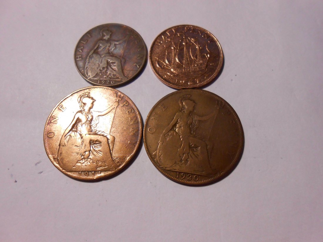  L5 Großbritannien 4er Lot < 1/2 Penny 1920 + 1967 / 1 Penny 1911+1920   
