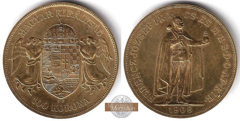 Ungarn, Franz Joseph I. MM-Frankfurt Feingold: 30,49g 100 Kronen 1908 KB 