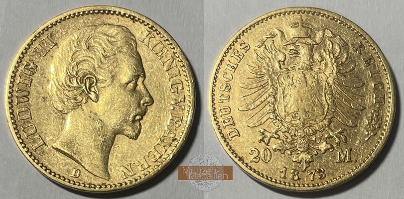 Detsches Kaiserreich. Bayern, Ludwig II. MM-Frankfurt Feingold: 7,17g 20 Mark 1873 D 