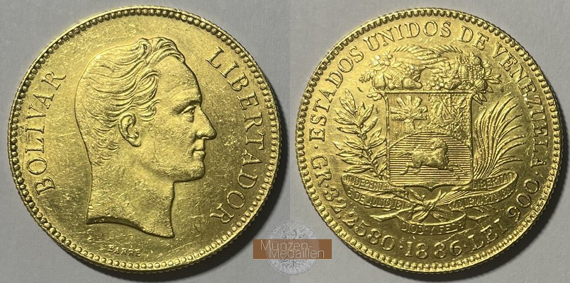 Venezuela, ver. Staaten 1879-1957. MM-Frankfurt  Feingewicht: 29,03g Gold 100 Bolivares 1886 