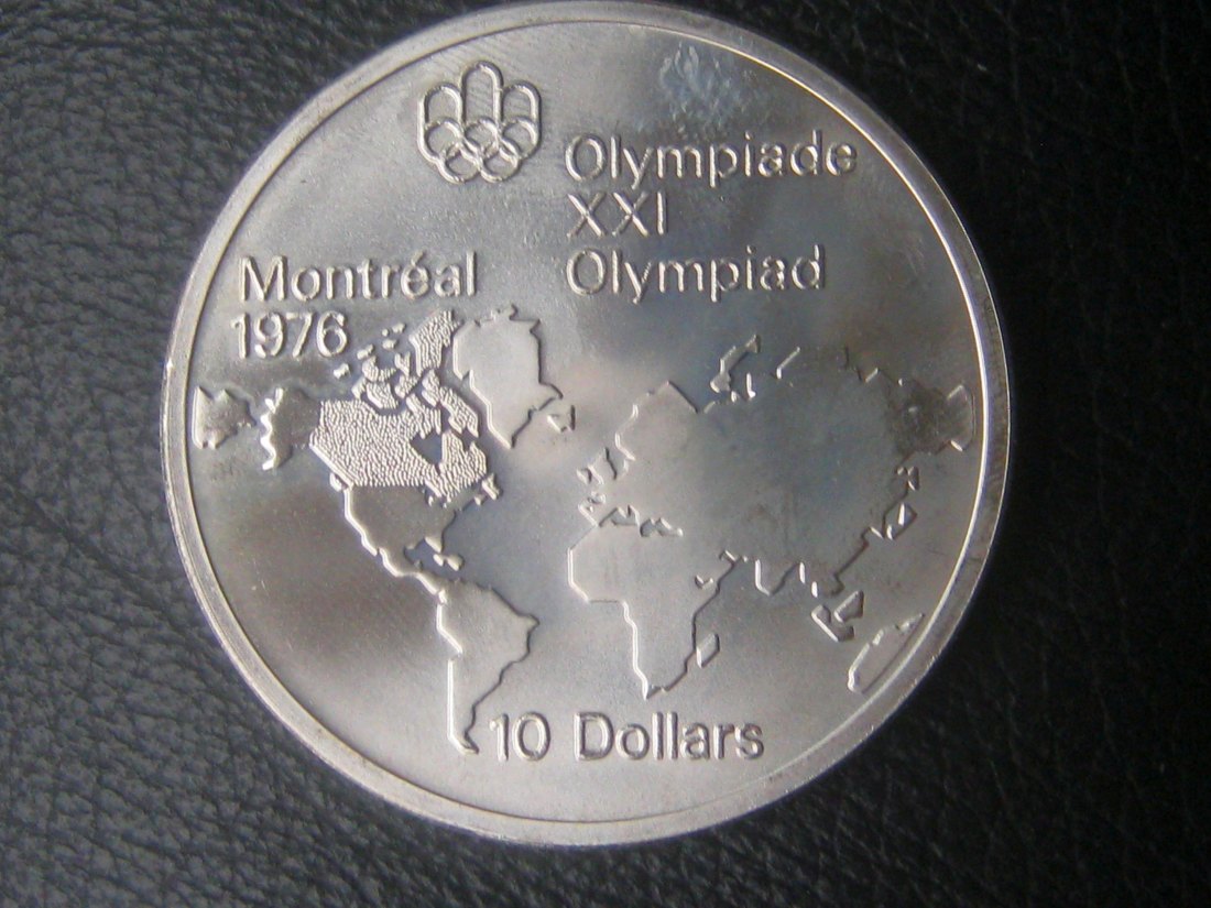  Kanada 10 Dollars 1976 925-er Silber, Feingewicht 44,24g;Weltkarte,darüber das olympische Logo   