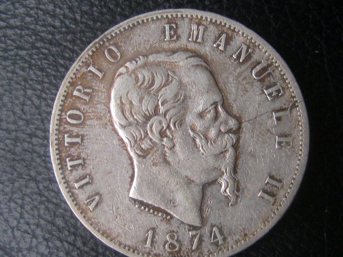  Italien 5 Lire 1874 M BN Vittorio Emanuele II. (1861-1878); 900er Silber, 25 Gramm   