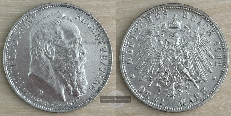  Deutsches Kaiserreich, Bayern  3 Mark  1911 D  Prinzregent Luitpold   FM-Frankfurt   Feinsilber: 15g   