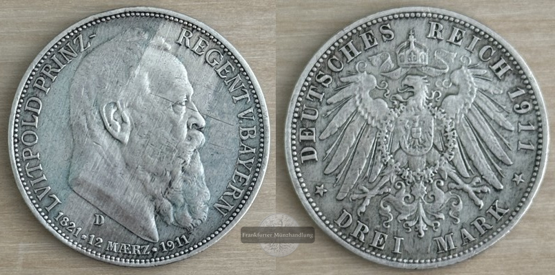  Deutsches Kaiserreich, Bayern  3 Mark  1911 D  Prinzregent Luitpold   FM-Frankfurt   Feinsilber: 15g   