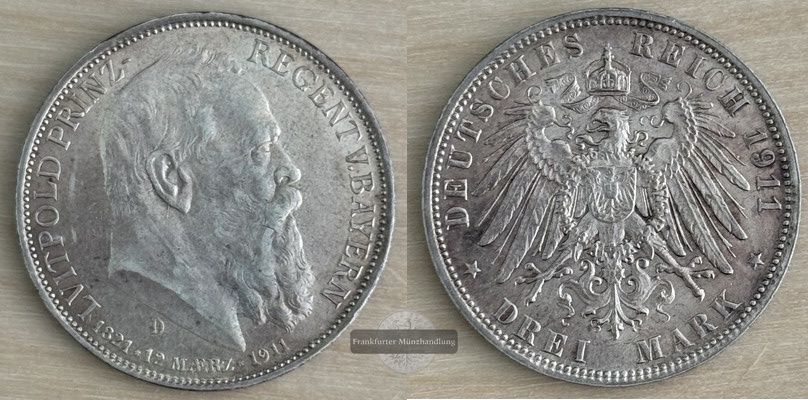  Deutsches Kaiserreich, Bayern  3 Mark  1911 D  Prinzregent Luitpold   FM-Frankfurt   Feinsilber: 15g   