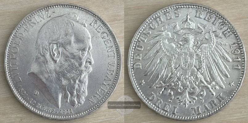  Deutsches Kaiserreich, Bayern  3 Mark  1911 D  Prinzregent Luitpold   FM-Frankfurt   Feinsilber: 15g   