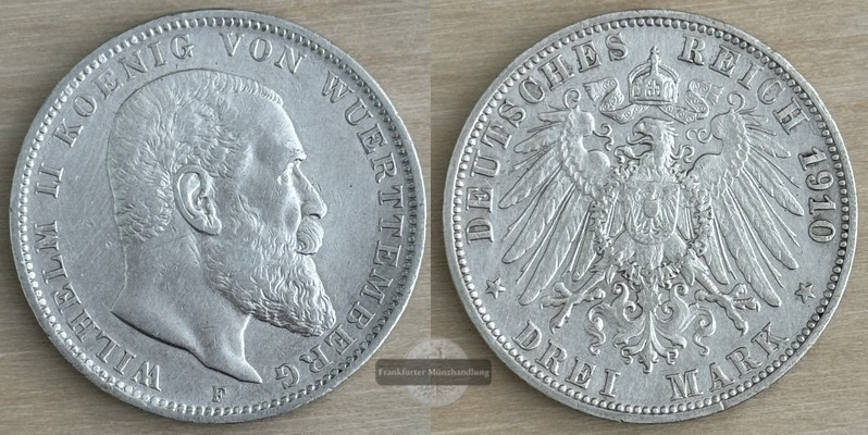  Dt. Kaiserreich,Württemberg 3 Mark  1910 F   Wilhelm II. 1891-1918  FM-Frankfurt   Feinsilber: 15g   
