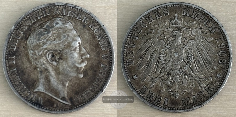  Deutsches Kaiserreich. Preussen, Wilhelm II. 1888-1918.  3 Mark 1908 A  FM-Frankfurt Feinsilber: 15g   