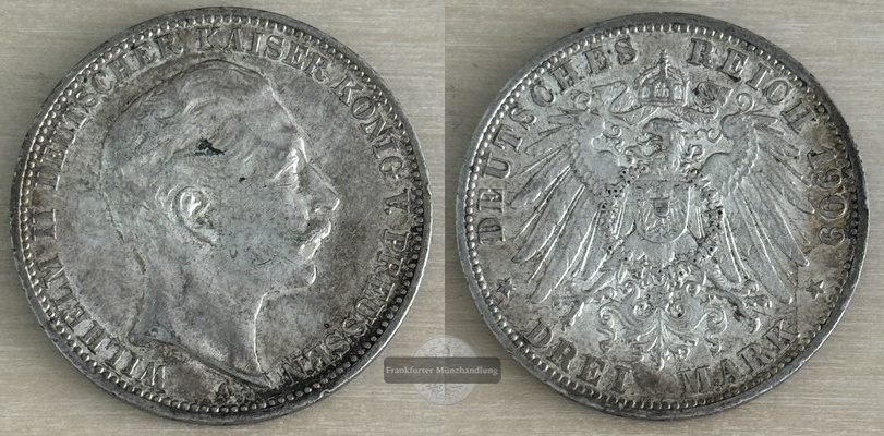  Deutsches Kaiserreich. Preussen, Wilhelm II. 1888-1918.  3 Mark 1909 A  FM-Frankfurt Feinsilber: 15g   