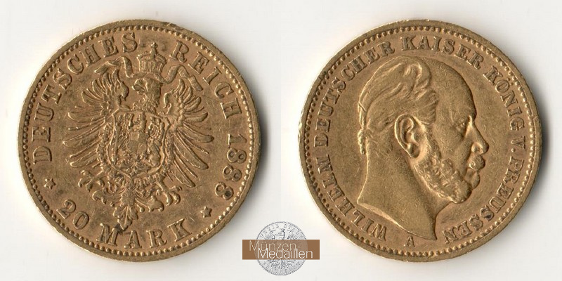 Deutsches Kaiserreich. Preussen MM-Frankfurt Feingold: 7,17g Wilhelm I. 20 Mark 1888 A 