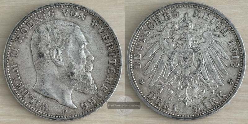  Deutsches Kaiserreich. Württemberg, Wilhelm II. 3 Mark 1912 F FM-Frankfurt  Feinsilber: 15g   